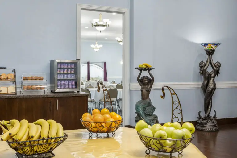 The breakfast buffet with fresh fruit