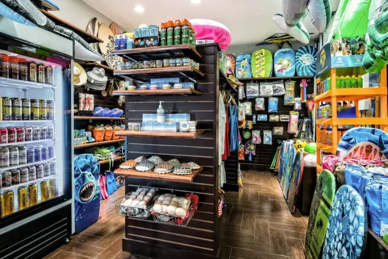 The gift shop, stocked with boogie boards, snacks and beachwear